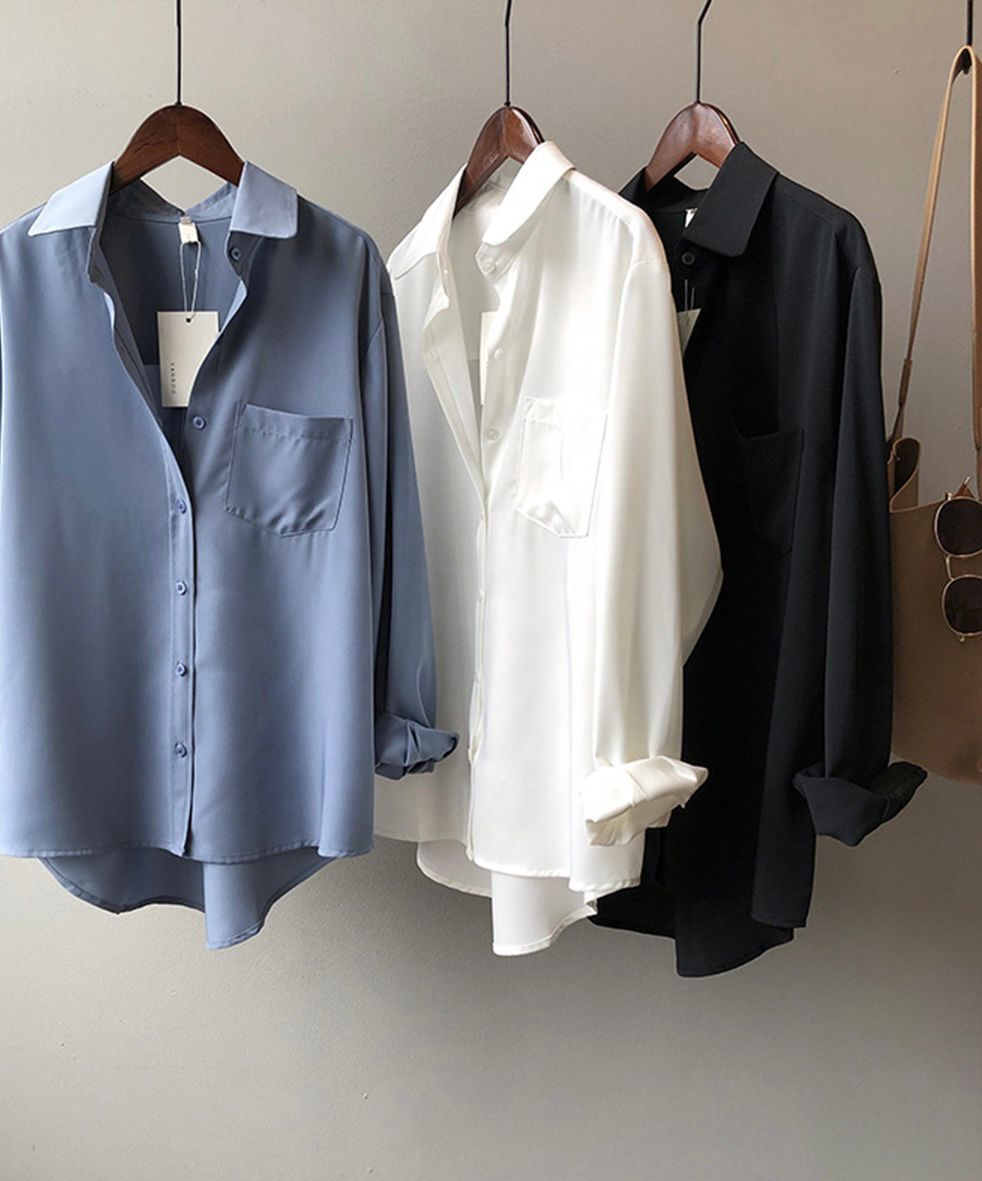 Women's Loose Satin High-Sleeve Shirts
with pocket fashion casual solid plus size clothes for women new blouse