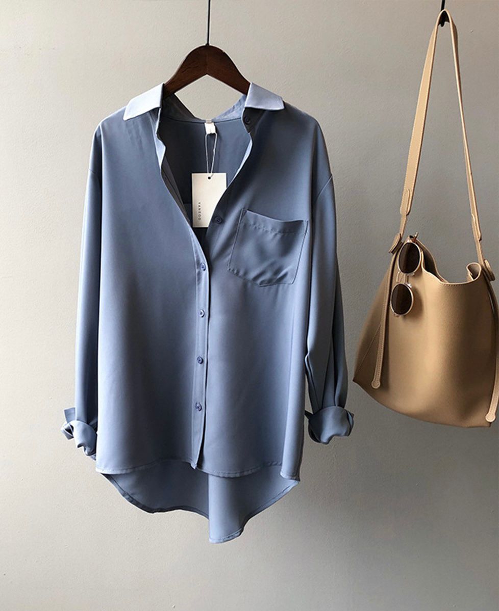 Women's Loose Satin High-Sleeve Shirts
with pocket fashion casual solid plus size clothes for women new blouse