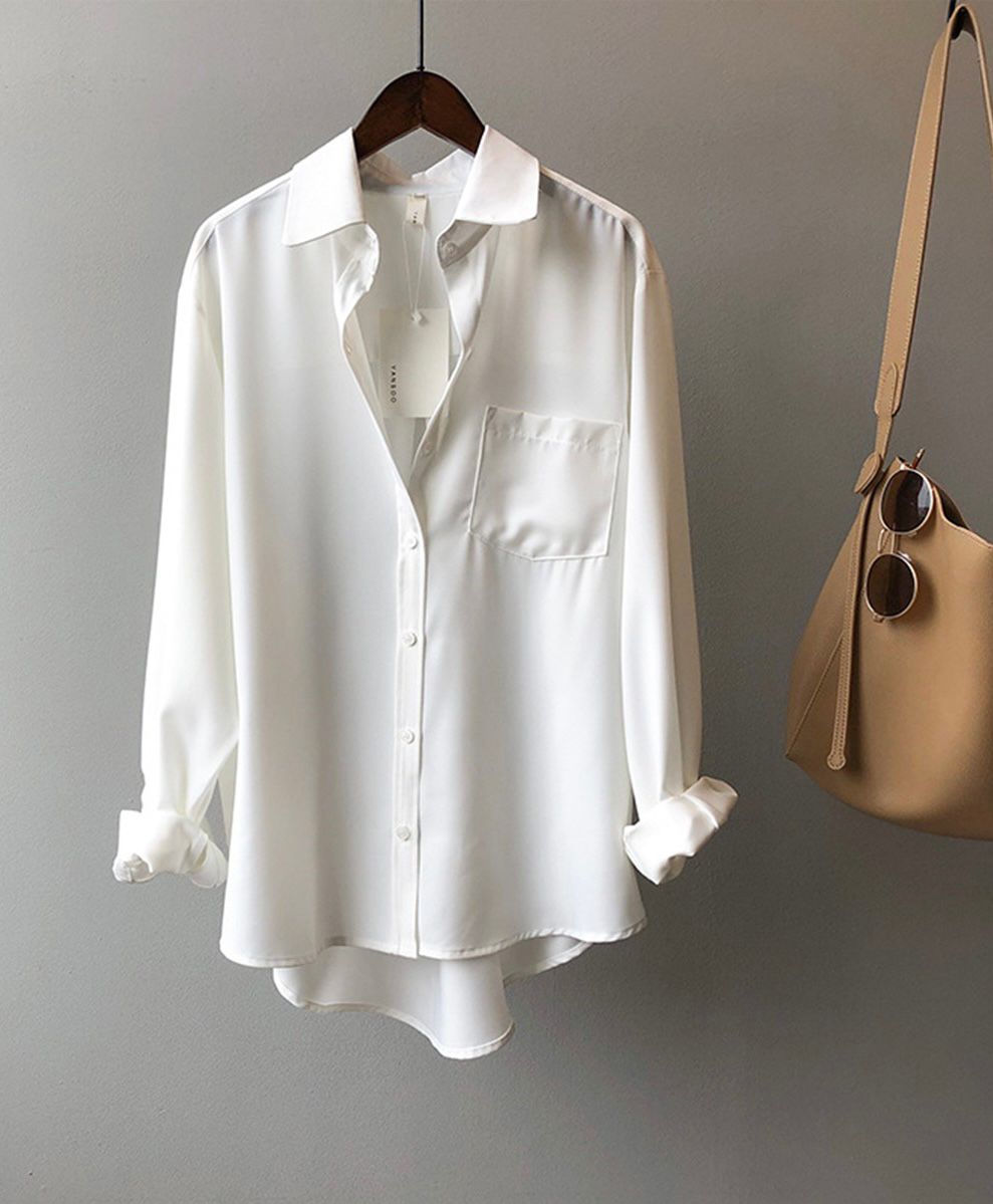 Women's Loose Satin High-Sleeve Shirts
with pocket fashion casual solid plus size clothes for women new blouse