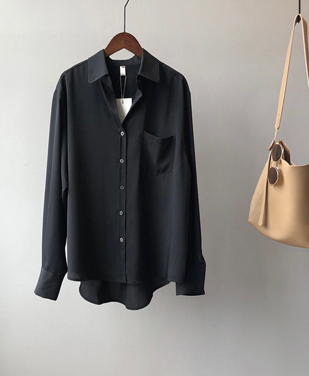 Women's Loose Satin High-Sleeve Shirts
with pocket fashion casual solid plus size clothes for women new blouse
